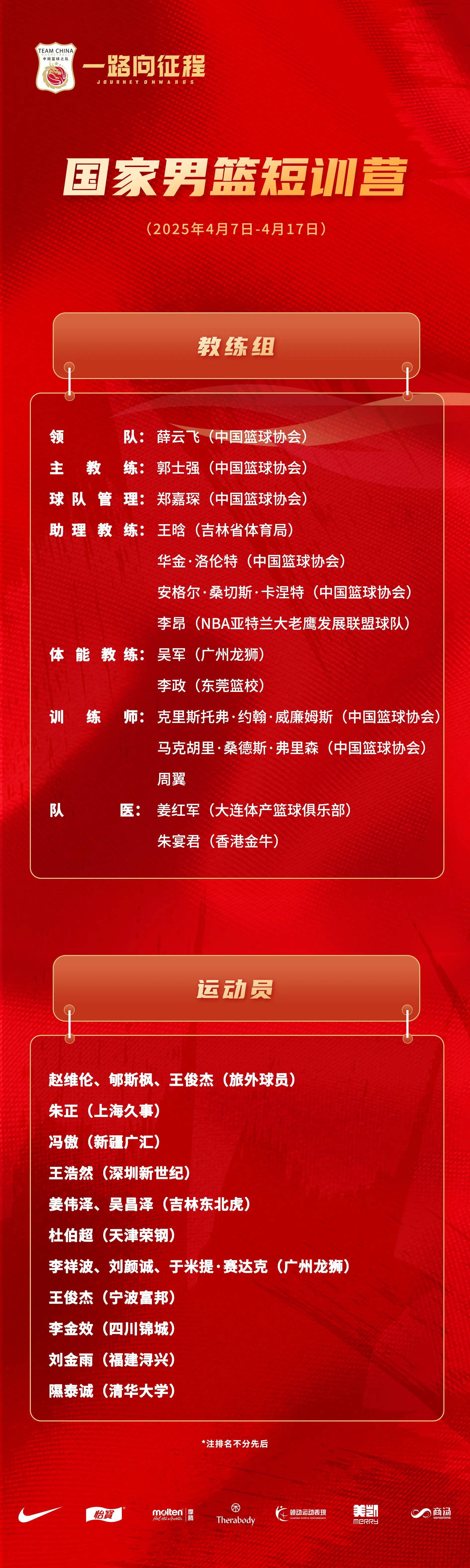 中国男篮公布短训营名单：赵维伦/朱正/冯傲入选